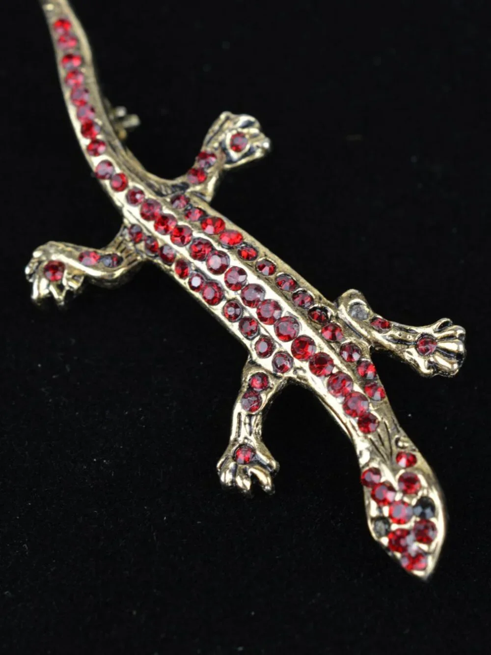 Vintage Red Rhinestone Lizard Brooch Pin Antique Gold Tone Gecko Salamander 3